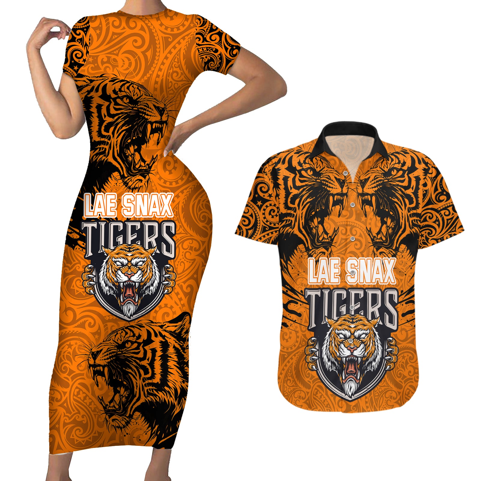 Custom PNG Lae Snax Tigers Rugby Couples Matching Short Sleeve Bodycon Dress and Hawaiian Shirt The Tigers Head and PNG Bird Polynesian Tattoo LT03 Orange - Polynesian Pride