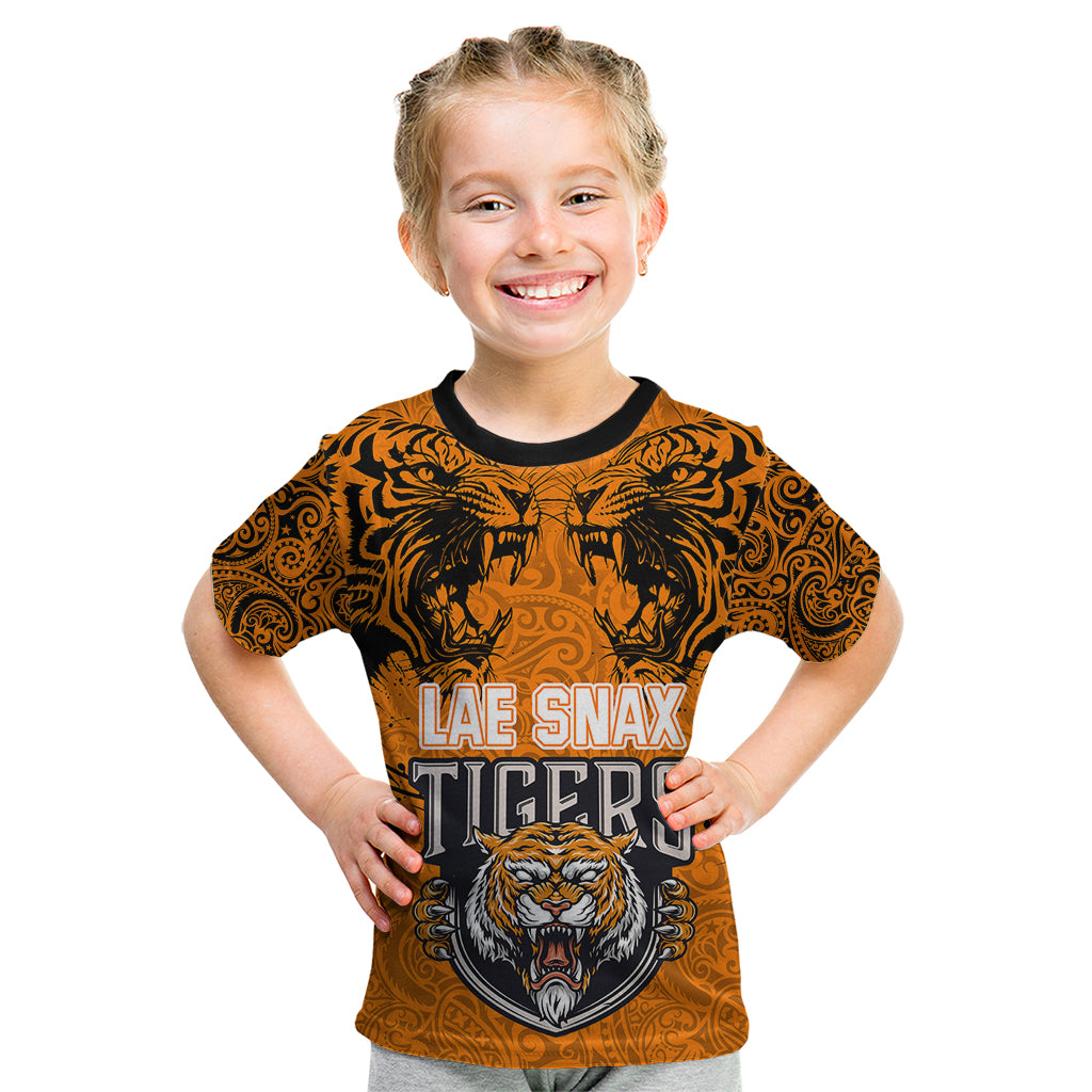 Custom PNG Lae Snax Tigers Rugby Kid T Shirt The Tigers Head and PNG Bird Polynesian Tattoo LT03 Orange - Polynesian Pride
