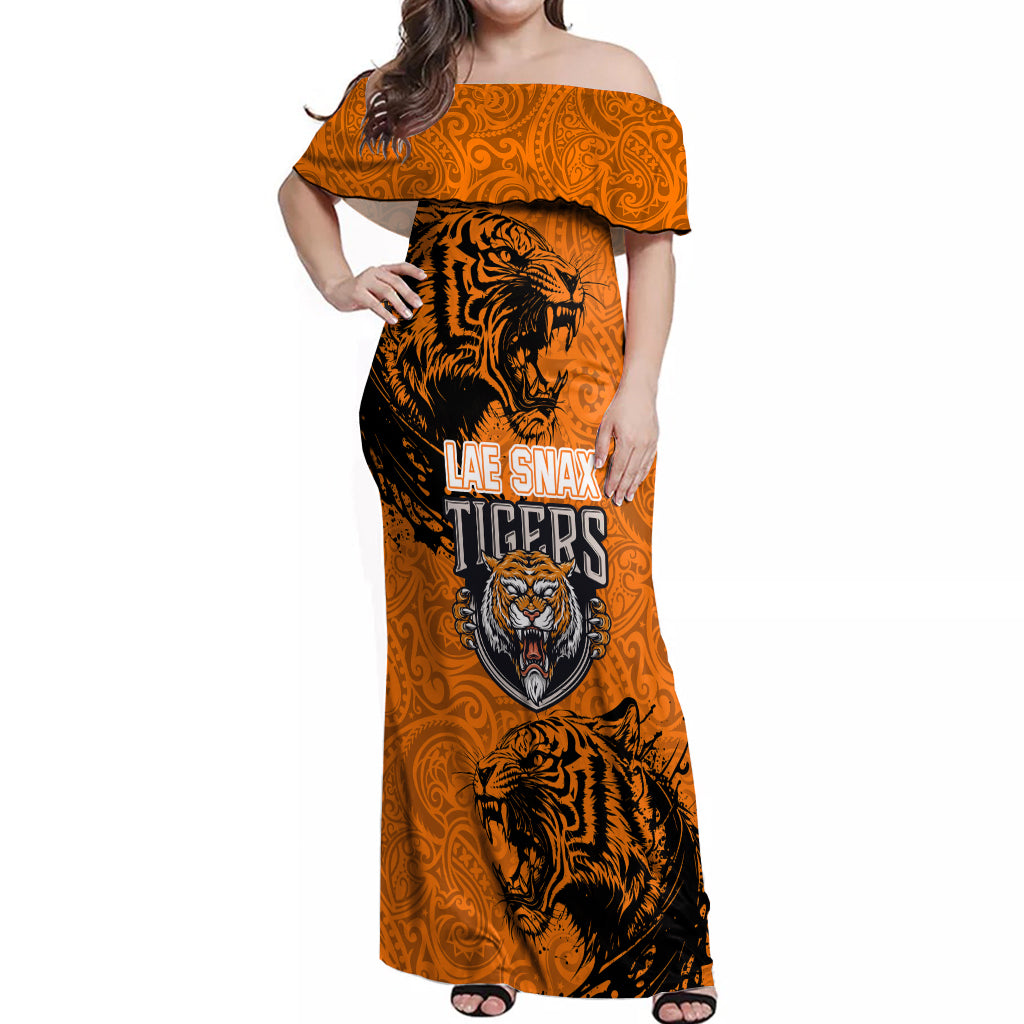 Custom PNG Lae Snax Tigers Rugby Off Shoulder Maxi Dress The Tigers Head and PNG Bird Polynesian Tattoo LT03 Women Orange - Polynesian Pride