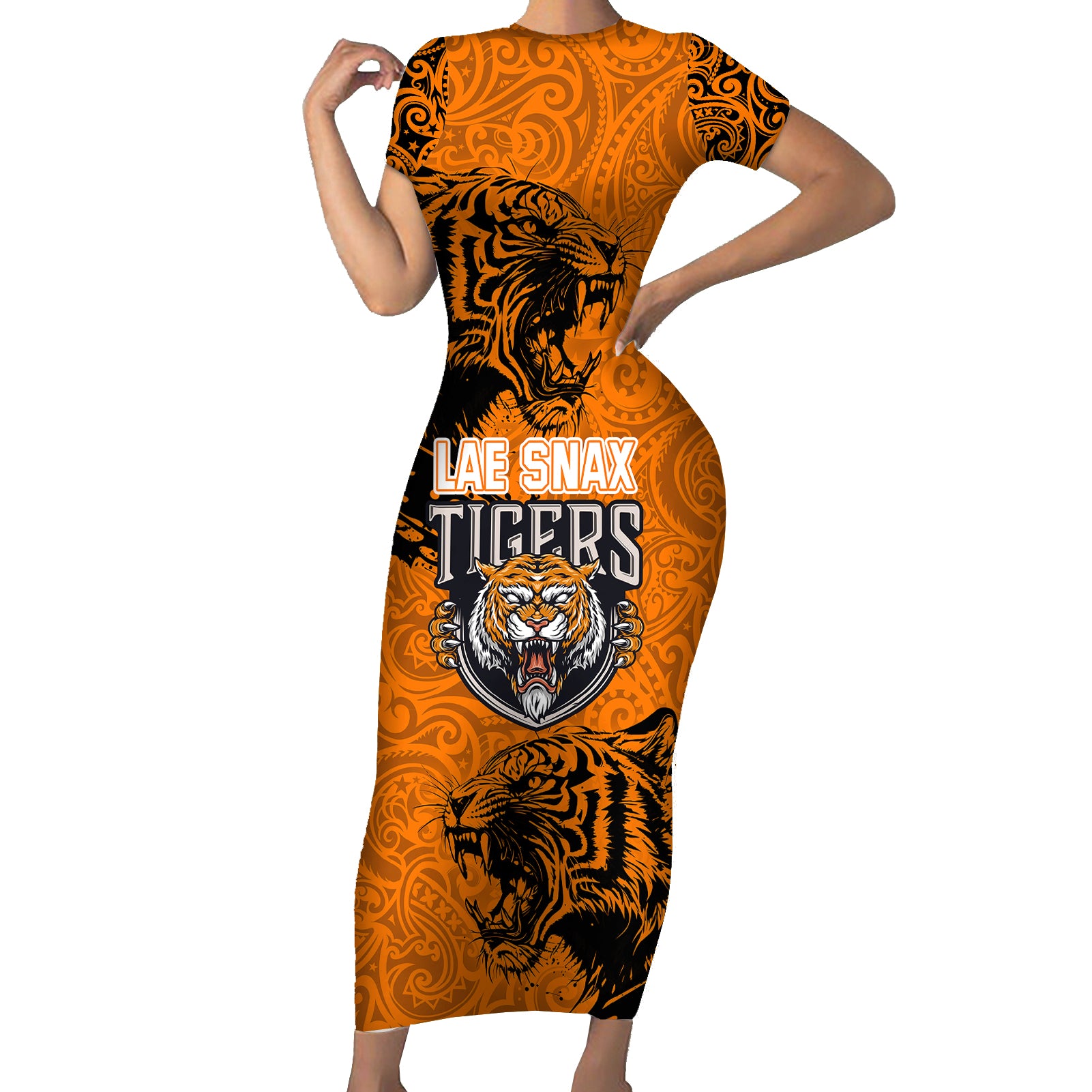 Custom PNG Lae Snax Tigers Rugby Short Sleeve Bodycon Dress The Tigers Head and PNG Bird Polynesian Tattoo LT03 Long Dress Orange - Polynesian Pride