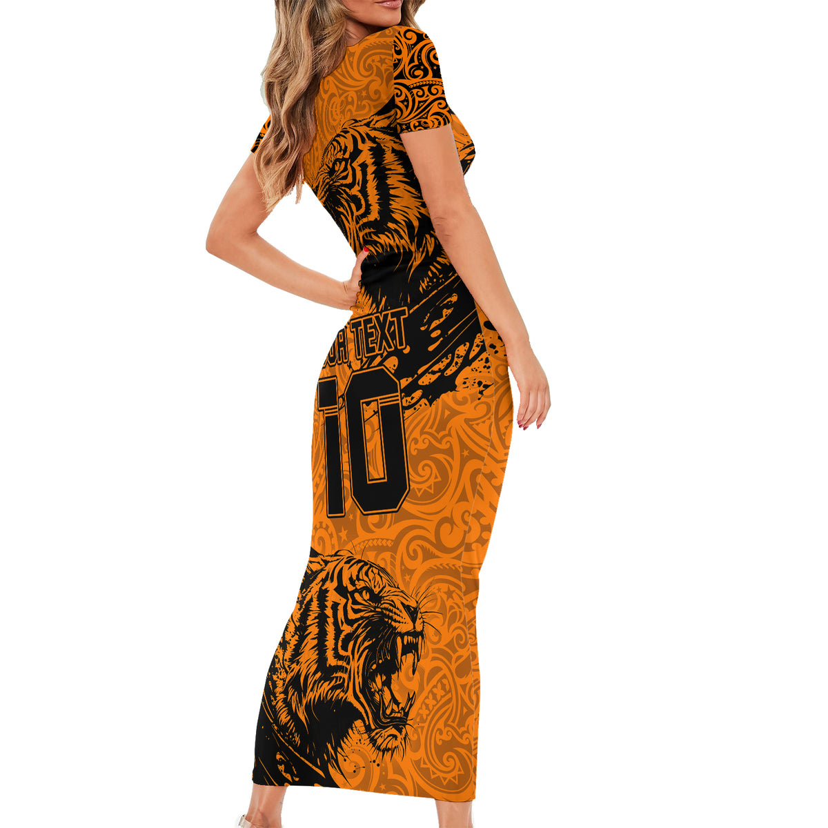 Custom PNG Lae Snax Tigers Rugby Short Sleeve Bodycon Dress The Tigers Head and PNG Bird Polynesian Tattoo LT03 - Polynesian Pride