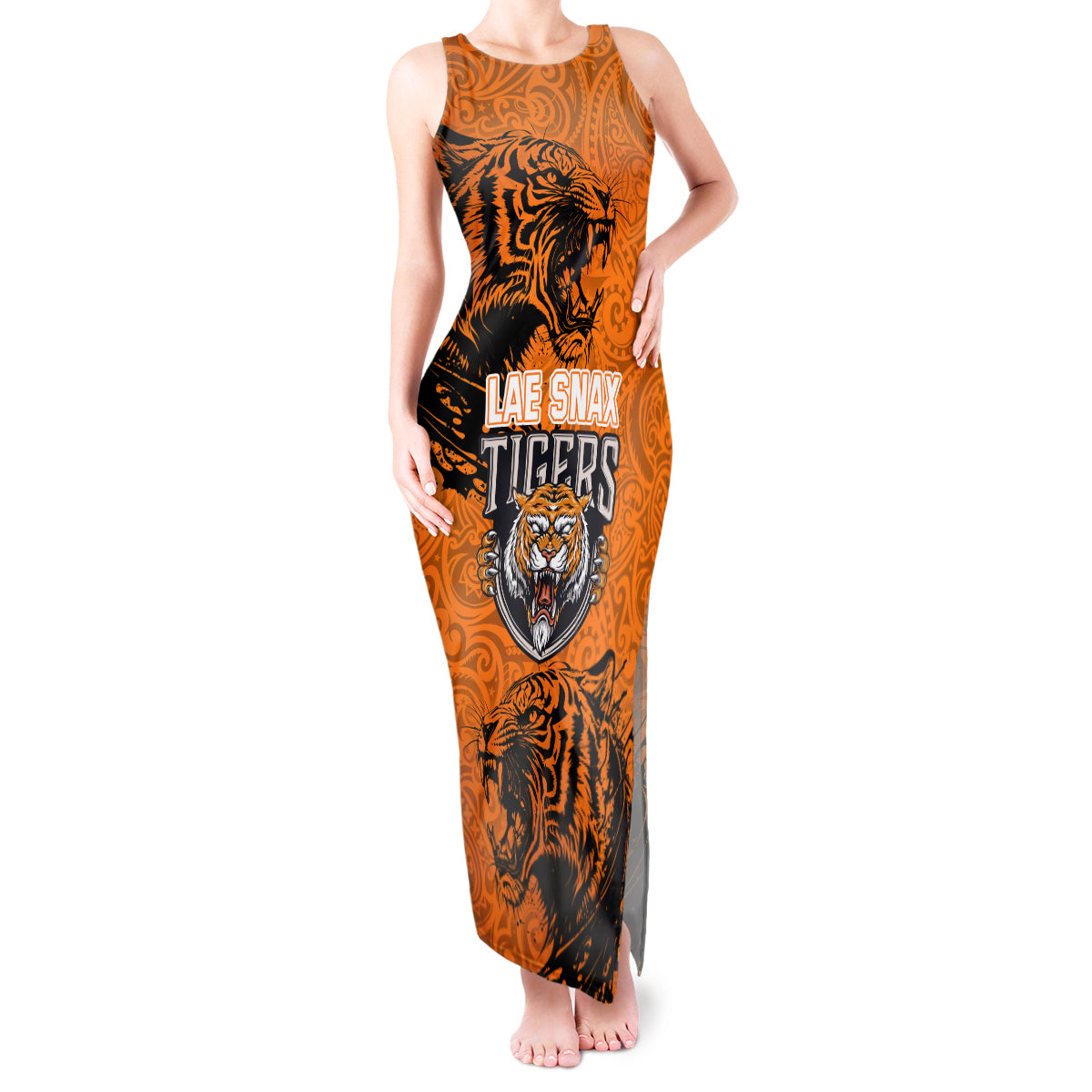 Custom PNG Lae Snax Tigers Rugby Tank Maxi Dress The Tigers Head and PNG Bird Polynesian Tattoo LT03 Women Orange - Polynesian Pride