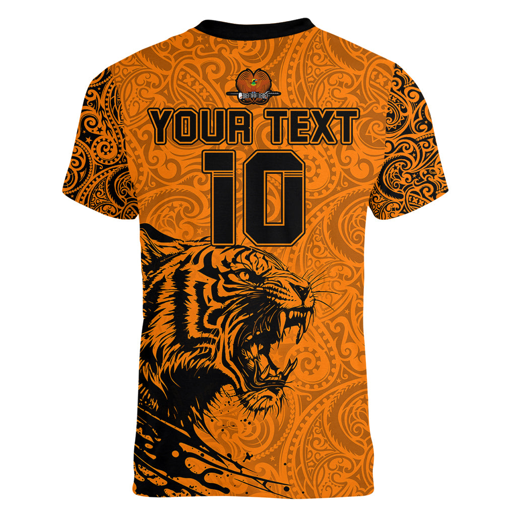 Custom PNG Lae Snax Tigers Rugby Women V Neck T Shirt The Tigers Head and PNG Bird Polynesian Tattoo LT03 - Polynesian Pride