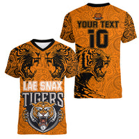 Custom PNG Lae Snax Tigers Rugby Women V Neck T Shirt The Tigers Head and PNG Bird Polynesian Tattoo LT03 - Polynesian Pride