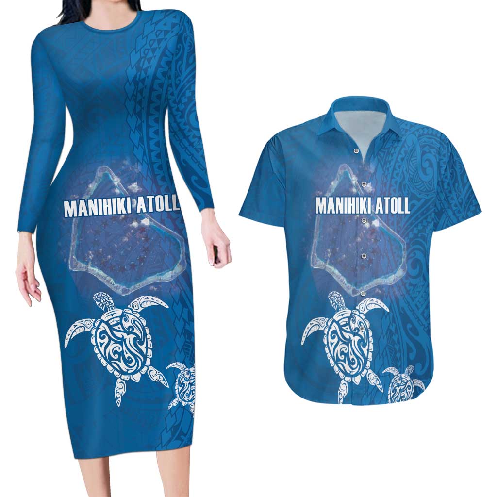 Cook Islands Manihiki Atoll Couples Matching Long Sleeve Bodycon Dress and Hawaiian Shirt Maori Turtle and Polynesian Pattern LT03 Blue - Polynesian Pride