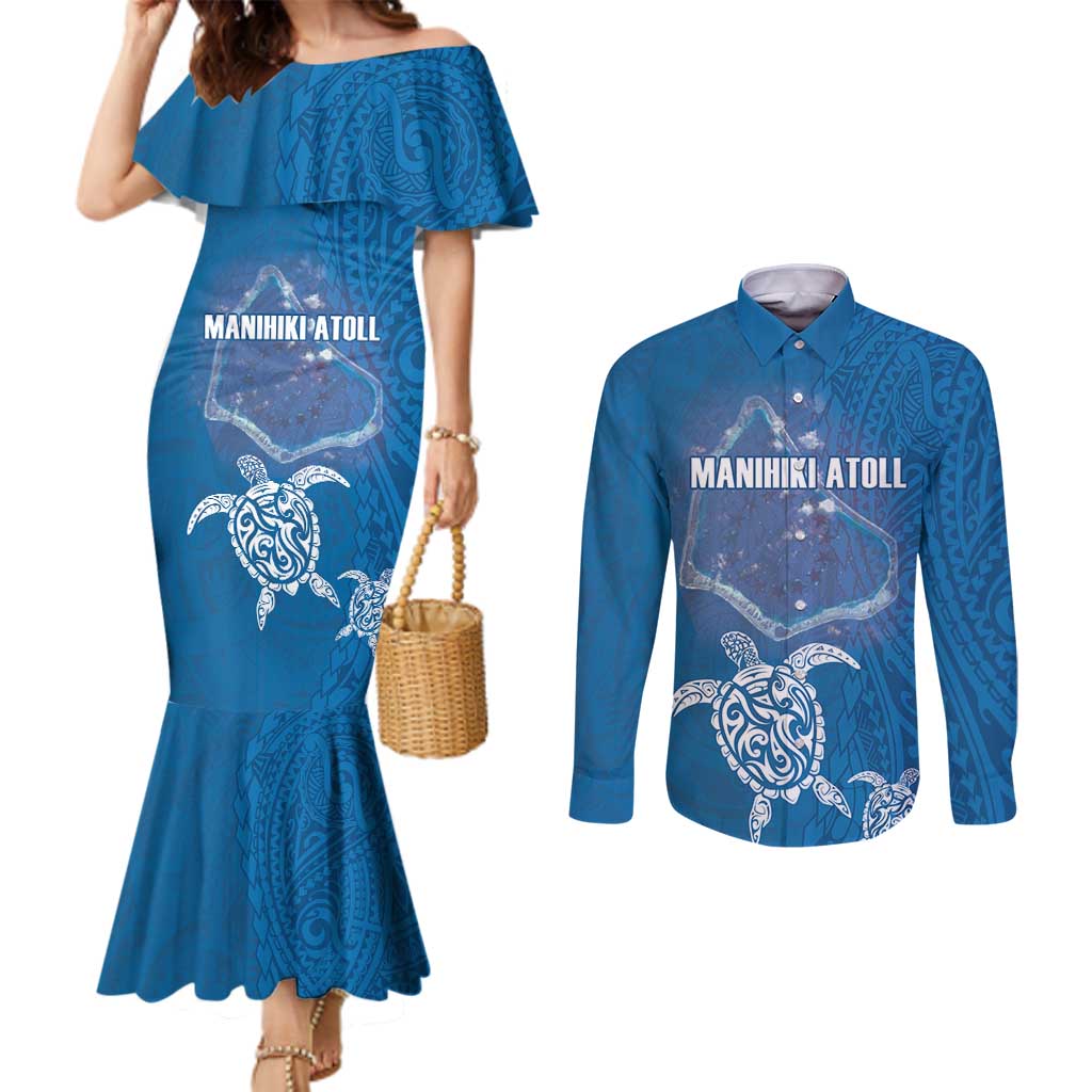 Cook Islands Manihiki Atoll Couples Matching Mermaid Dress and Long Sleeve Button Shirt Maori Turtle and Polynesian Pattern LT03 Blue - Polynesian Pride