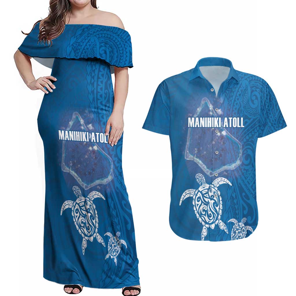 Cook Islands Manihiki Atoll Couples Matching Off Shoulder Maxi Dress and Hawaiian Shirt Maori Turtle and Polynesian Pattern