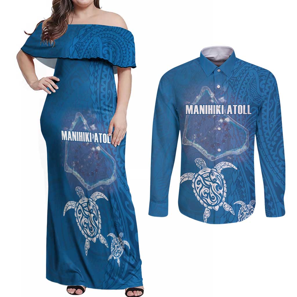 Cook Islands Manihiki Atoll Couples Matching Off Shoulder Maxi Dress and Long Sleeve Button Shirt Maori Turtle and Polynesian Pattern LT03 Blue - Polynesian Pride