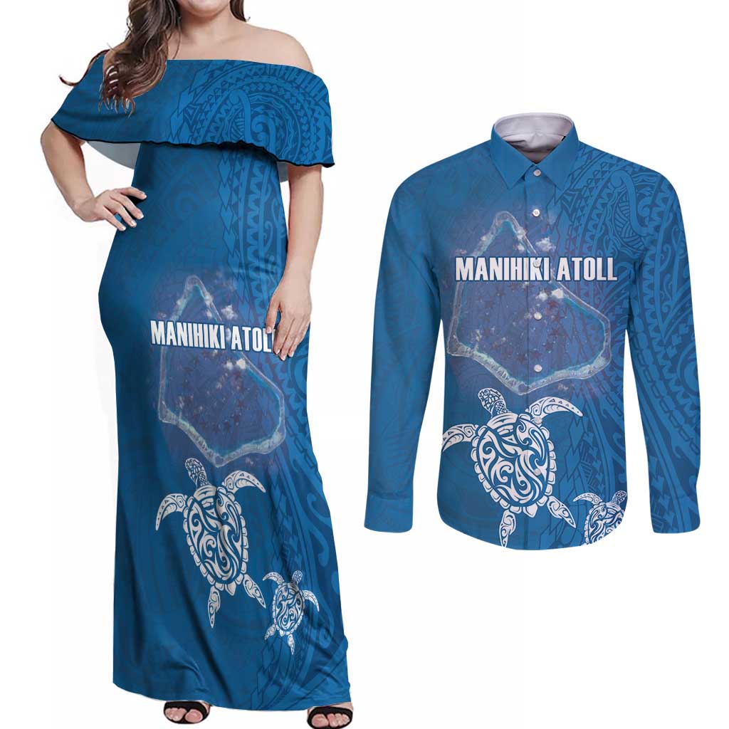 Cook Islands Manihiki Atoll Couples Matching Off Shoulder Maxi Dress and Long Sleeve Button Shirt Maori Turtle and Polynesian Pattern