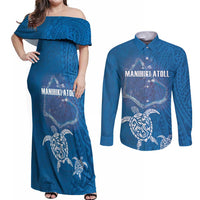 Cook Islands Manihiki Atoll Couples Matching Off Shoulder Maxi Dress and Long Sleeve Button Shirt Maori Turtle and Polynesian Pattern LT03 Blue - Polynesian Pride