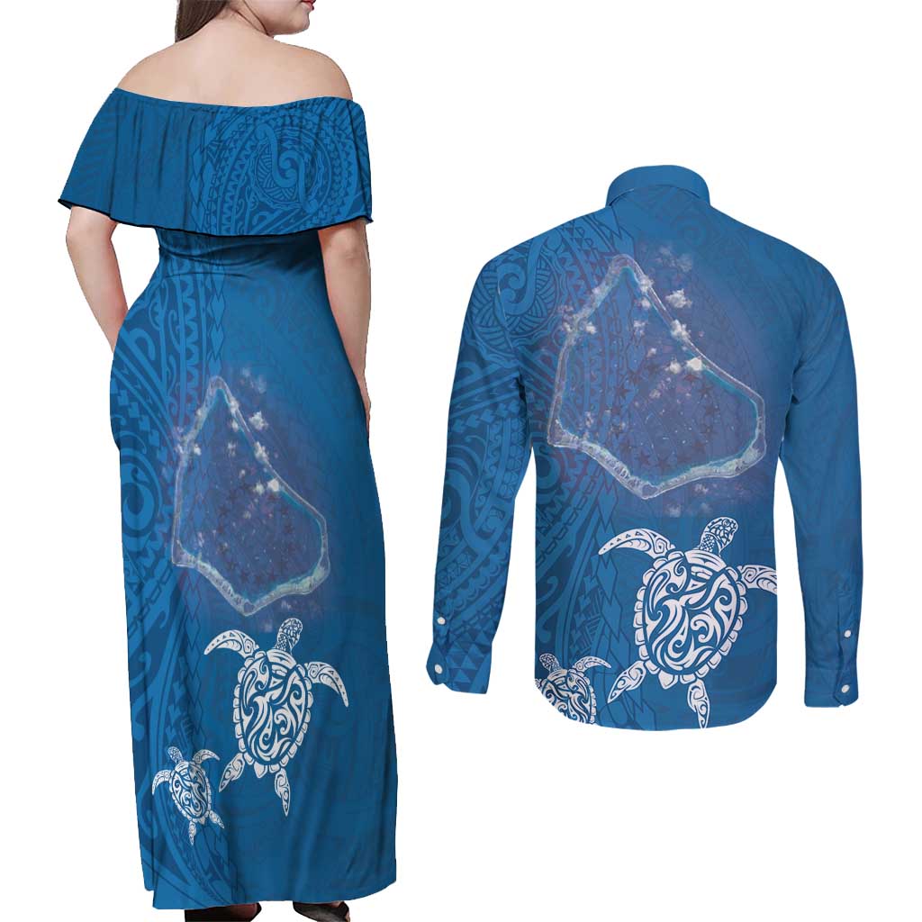 Cook Islands Manihiki Atoll Couples Matching Off Shoulder Maxi Dress and Long Sleeve Button Shirt Maori Turtle and Polynesian Pattern LT03 - Polynesian Pride
