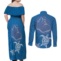 Cook Islands Manihiki Atoll Couples Matching Off Shoulder Maxi Dress and Long Sleeve Button Shirt Maori Turtle and Polynesian Pattern LT03 - Polynesian Pride
