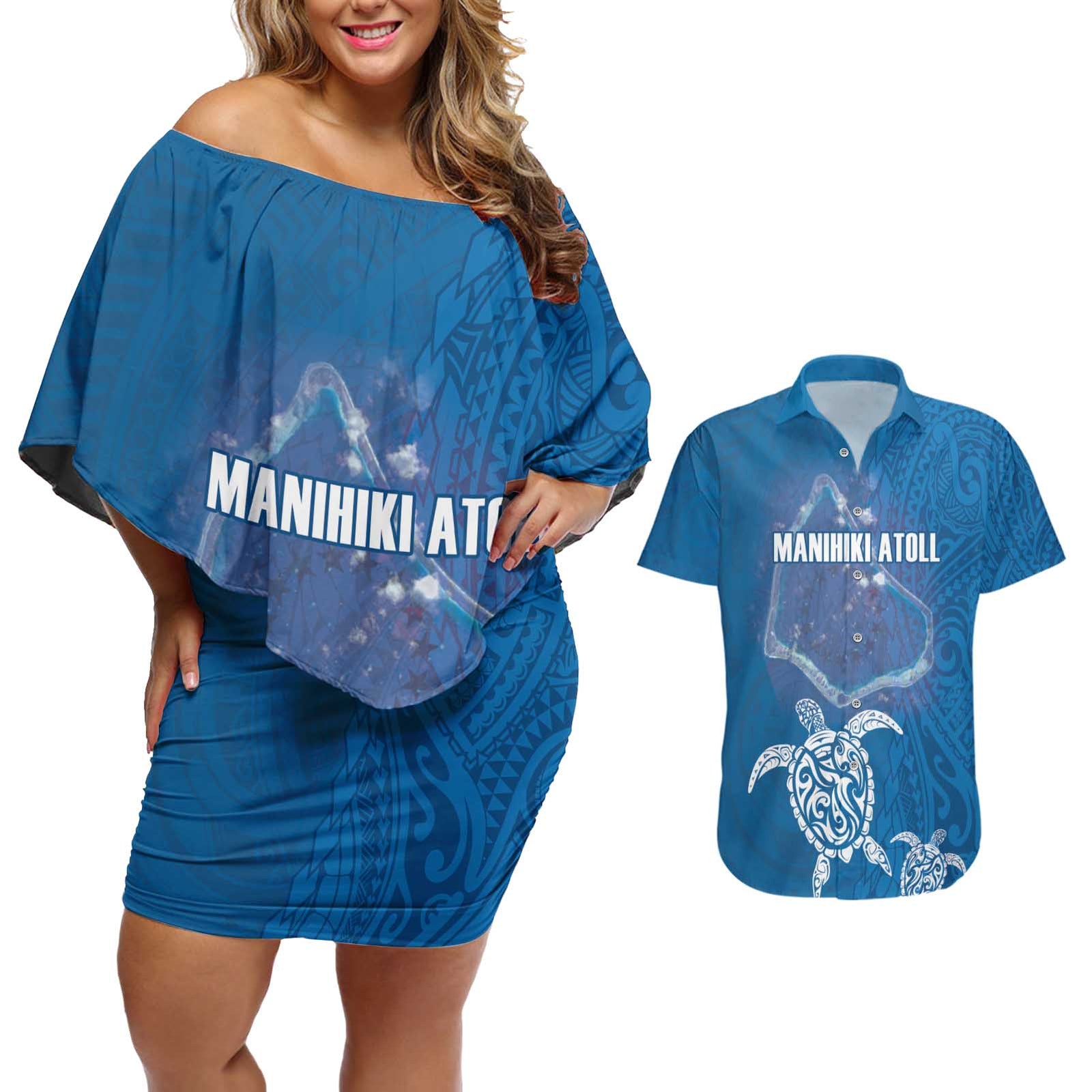 Cook Islands Manihiki Atoll Couples Matching Off Shoulder Short Dress and Hawaiian Shirt Maori Turtle and Polynesian Pattern LT03 Blue - Polynesian Pride