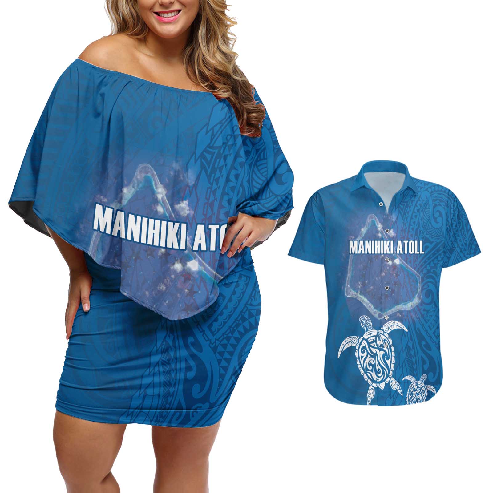 Cook Islands Manihiki Atoll Couples Matching Off Shoulder Short Dress and Hawaiian Shirt Maori Turtle and Polynesian Pattern