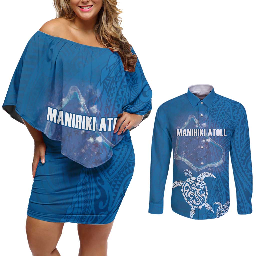 Cook Islands Manihiki Atoll Couples Matching Off Shoulder Short Dress and Long Sleeve Button Shirt Maori Turtle and Polynesian Pattern LT03 Blue - Polynesian Pride