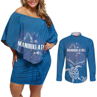 Cook Islands Manihiki Atoll Couples Matching Off Shoulder Short Dress and Long Sleeve Button Shirt Maori Turtle and Polynesian Pattern LT03 Blue - Polynesian Pride