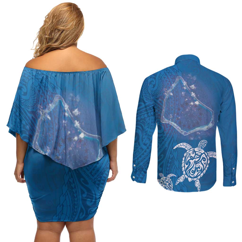 Cook Islands Manihiki Atoll Couples Matching Off Shoulder Short Dress and Long Sleeve Button Shirt Maori Turtle and Polynesian Pattern LT03 - Polynesian Pride