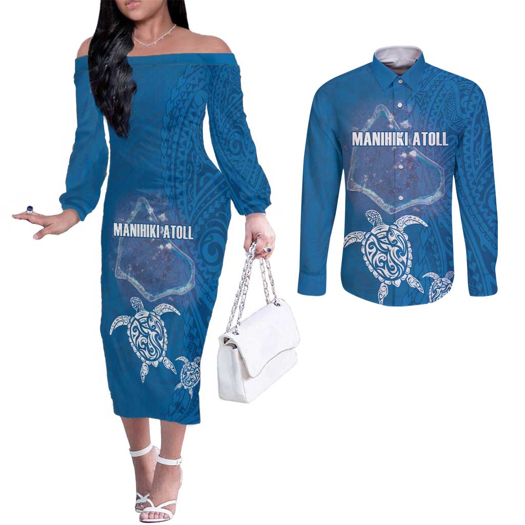 Cook Islands Manihiki Atoll Couples Matching Off The Shoulder Long Sleeve Dress and Long Sleeve Button Shirt Maori Turtle and Polynesian Pattern LT03 Blue - Polynesian Pride