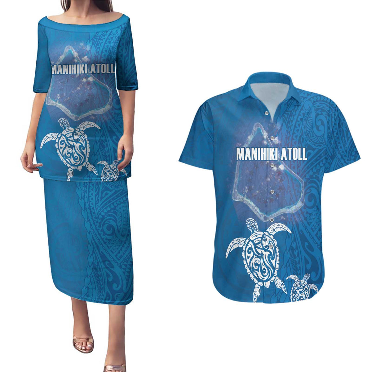 Cook Islands Manihiki Atoll Couples Matching Puletasi and Hawaiian Shirt Maori Turtle and Polynesian Pattern LT03 Blue - Polynesian Pride