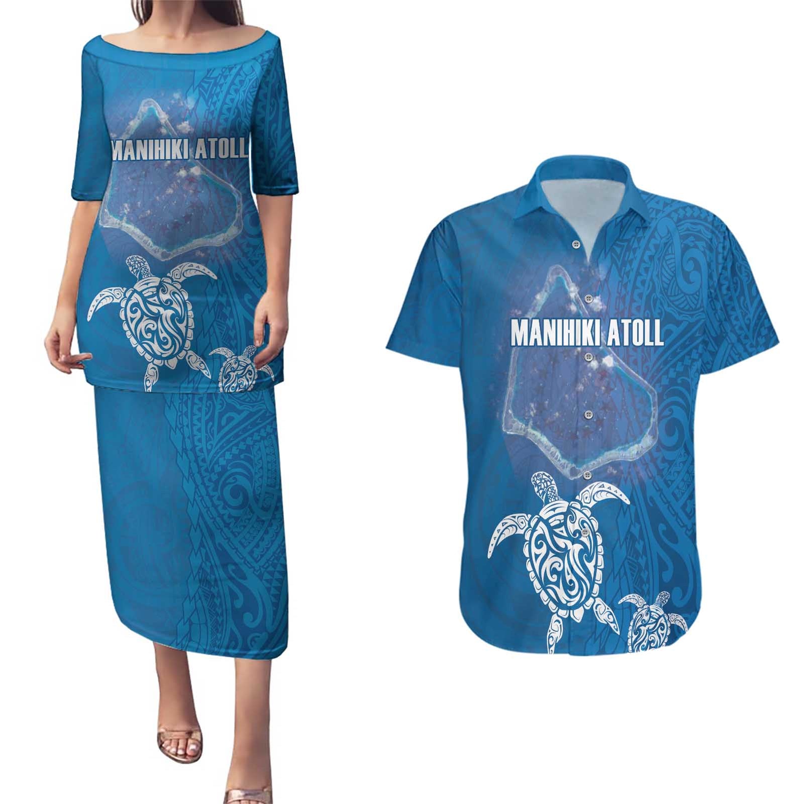 Cook Islands Manihiki Atoll Couples Matching Puletasi and Hawaiian Shirt Maori Turtle and Polynesian Pattern LT03 Blue - Polynesian Pride
