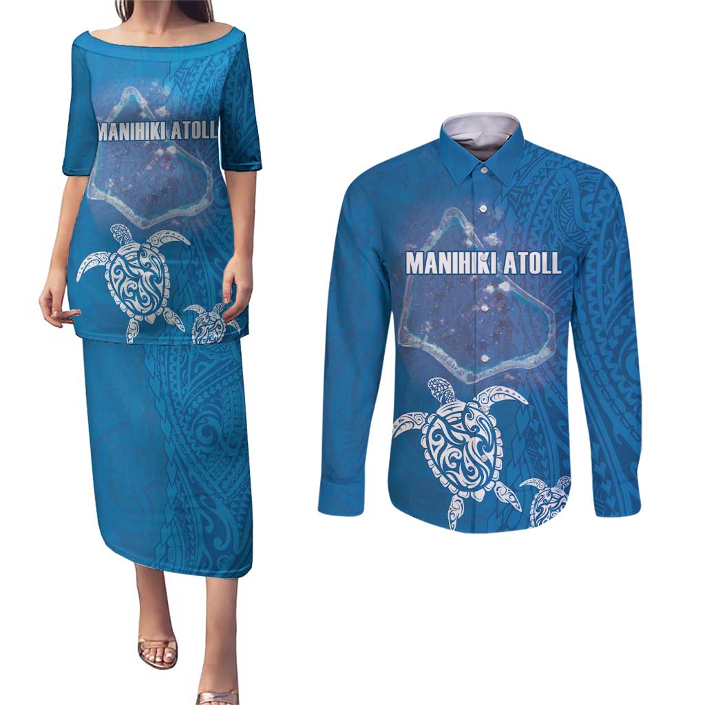 Cook Islands Manihiki Atoll Couples Matching Puletasi and Long Sleeve Button Shirt Maori Turtle and Polynesian Pattern LT03 Blue - Polynesian Pride