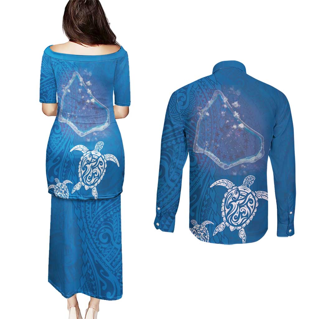 Cook Islands Manihiki Atoll Couples Matching Puletasi and Long Sleeve Button Shirt Maori Turtle and Polynesian Pattern LT03 - Polynesian Pride