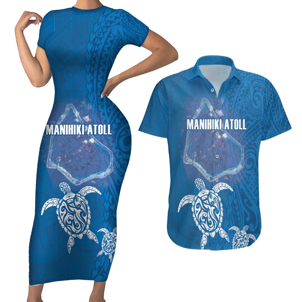 Cook Islands Manihiki Atoll Couples Matching Short Sleeve Bodycon Dress and Hawaiian Shirt Maori Turtle and Polynesian Pattern