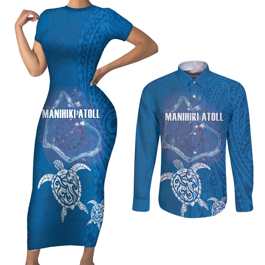 Cook Islands Manihiki Atoll Couples Matching Short Sleeve Bodycon Dress and Long Sleeve Button Shirt Maori Turtle and Polynesian Pattern LT03 Blue - Polynesian Pride