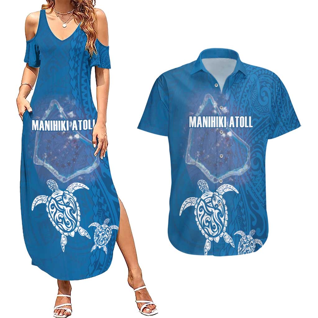 Cook Islands Manihiki Atoll Couples Matching Summer Maxi Dress and Hawaiian Shirt Maori Turtle and Polynesian Pattern LT03 Blue - Polynesian Pride