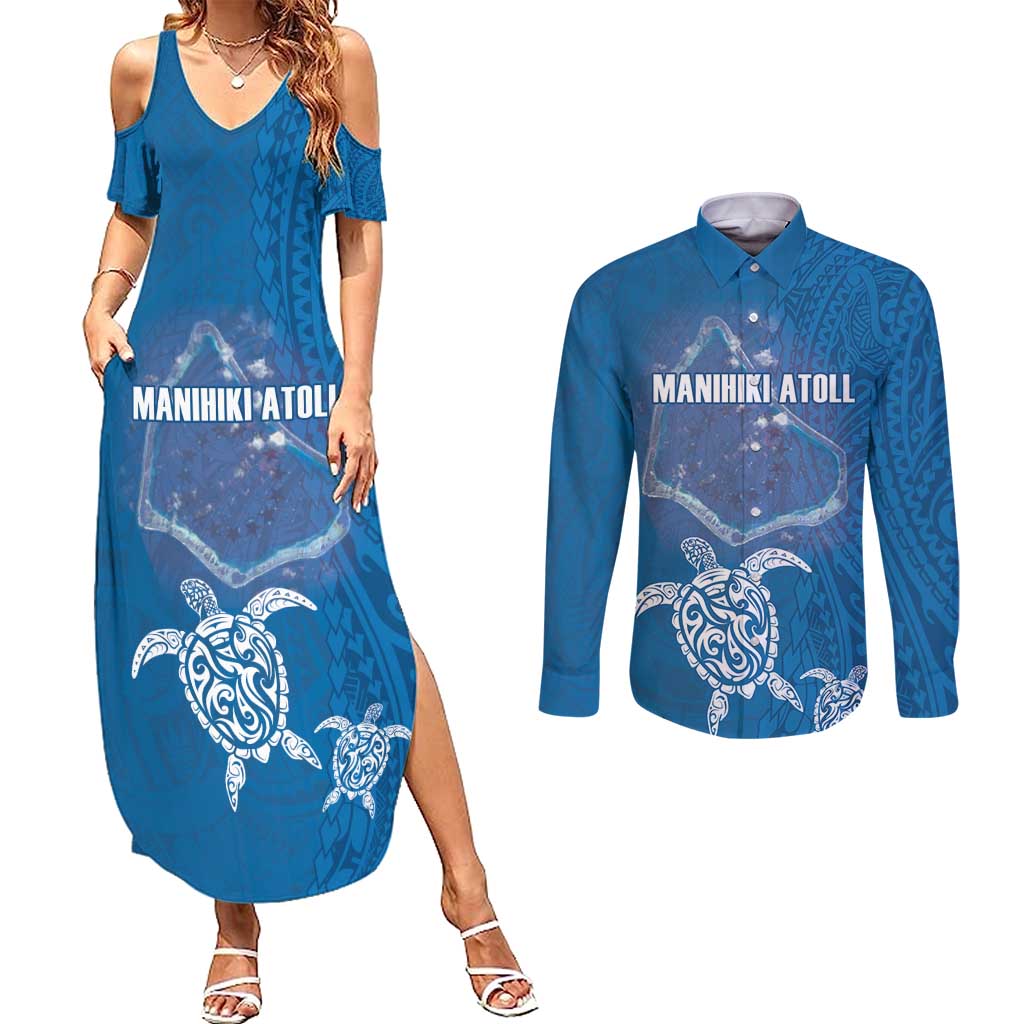 Cook Islands Manihiki Atoll Couples Matching Summer Maxi Dress and Long Sleeve Button Shirt Maori Turtle and Polynesian Pattern LT03 Blue - Polynesian Pride
