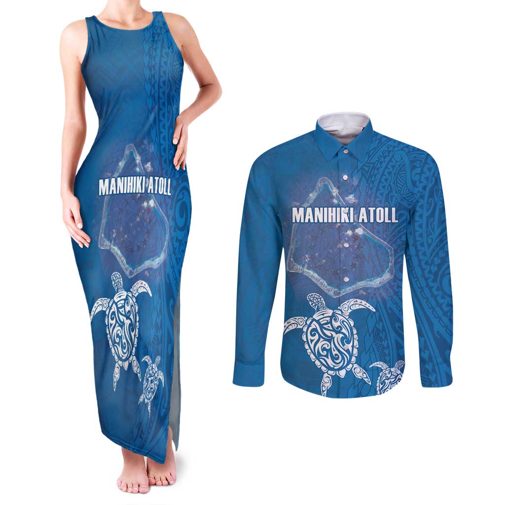 Cook Islands Manihiki Atoll Couples Matching Tank Maxi Dress and Long Sleeve Button Shirt Maori Turtle and Polynesian Pattern LT03 Blue - Polynesian Pride