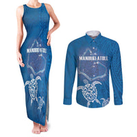Cook Islands Manihiki Atoll Couples Matching Tank Maxi Dress and Long Sleeve Button Shirt Maori Turtle and Polynesian Pattern LT03 Blue - Polynesian Pride