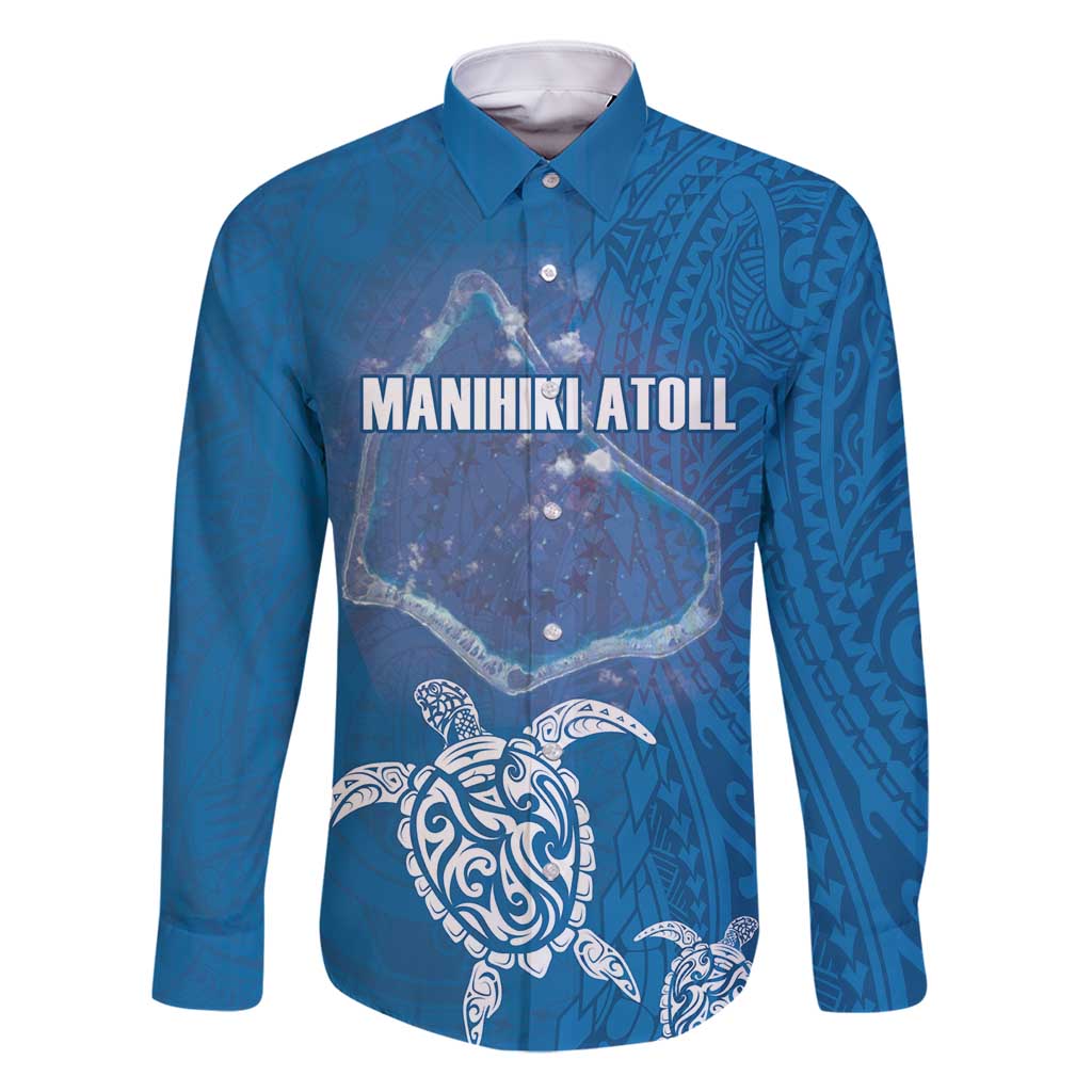 Cook Islands Manihiki Atoll Family Matching Off Shoulder Maxi Dress and Hawaiian Shirt Maori Turtle and Polynesian Pattern LT03 Dad's Shirt - Long Sleeve Blue - Polynesian Pride