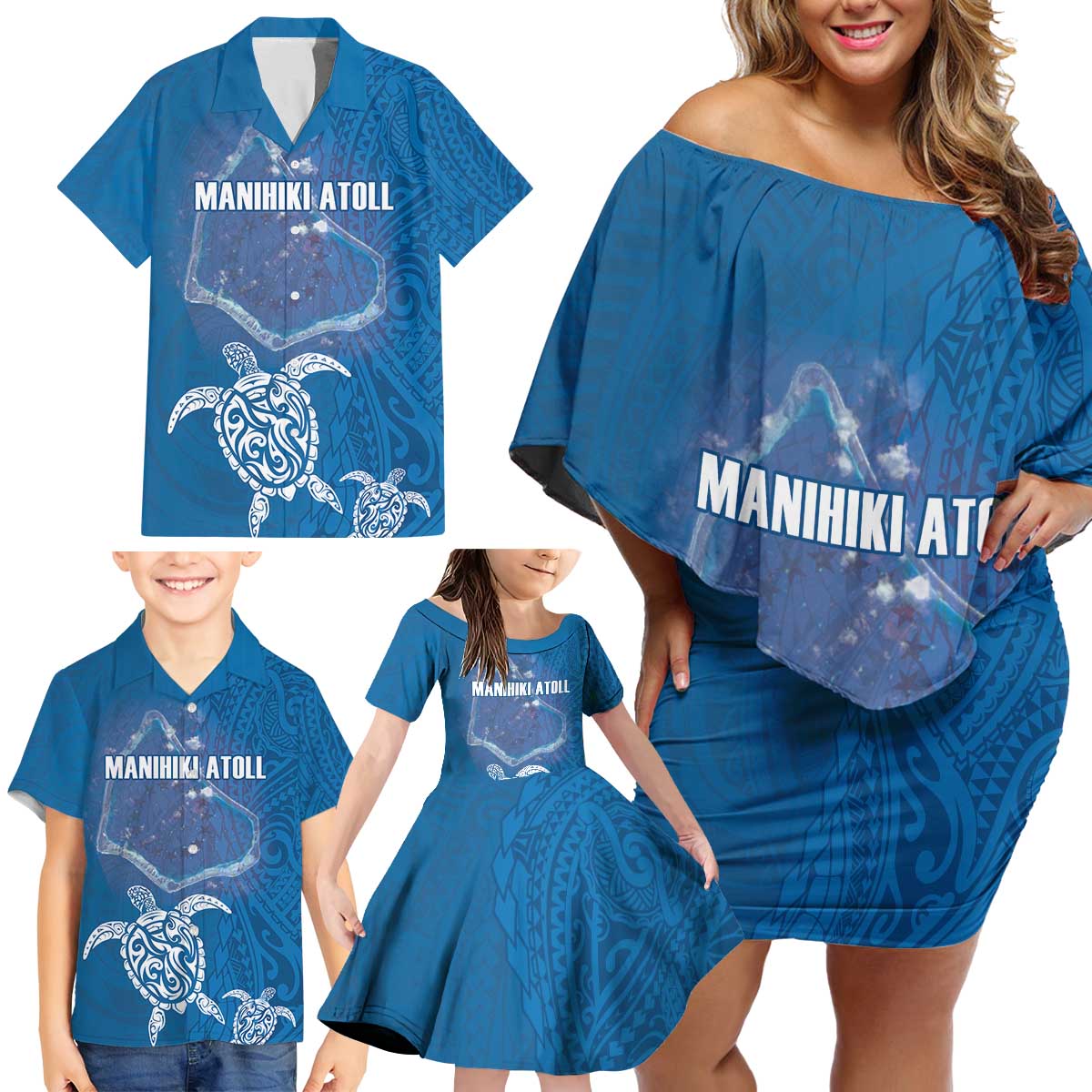 Cook Islands Manihiki Atoll Family Matching Off Shoulder Short Dress and Hawaiian Shirt Maori Turtle and Polynesian Pattern