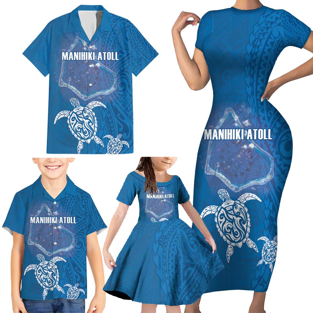 Cook Islands Manihiki Atoll Family Matching Short Sleeve Bodycon Dress and Hawaiian Shirt Maori Turtle and Polynesian Pattern