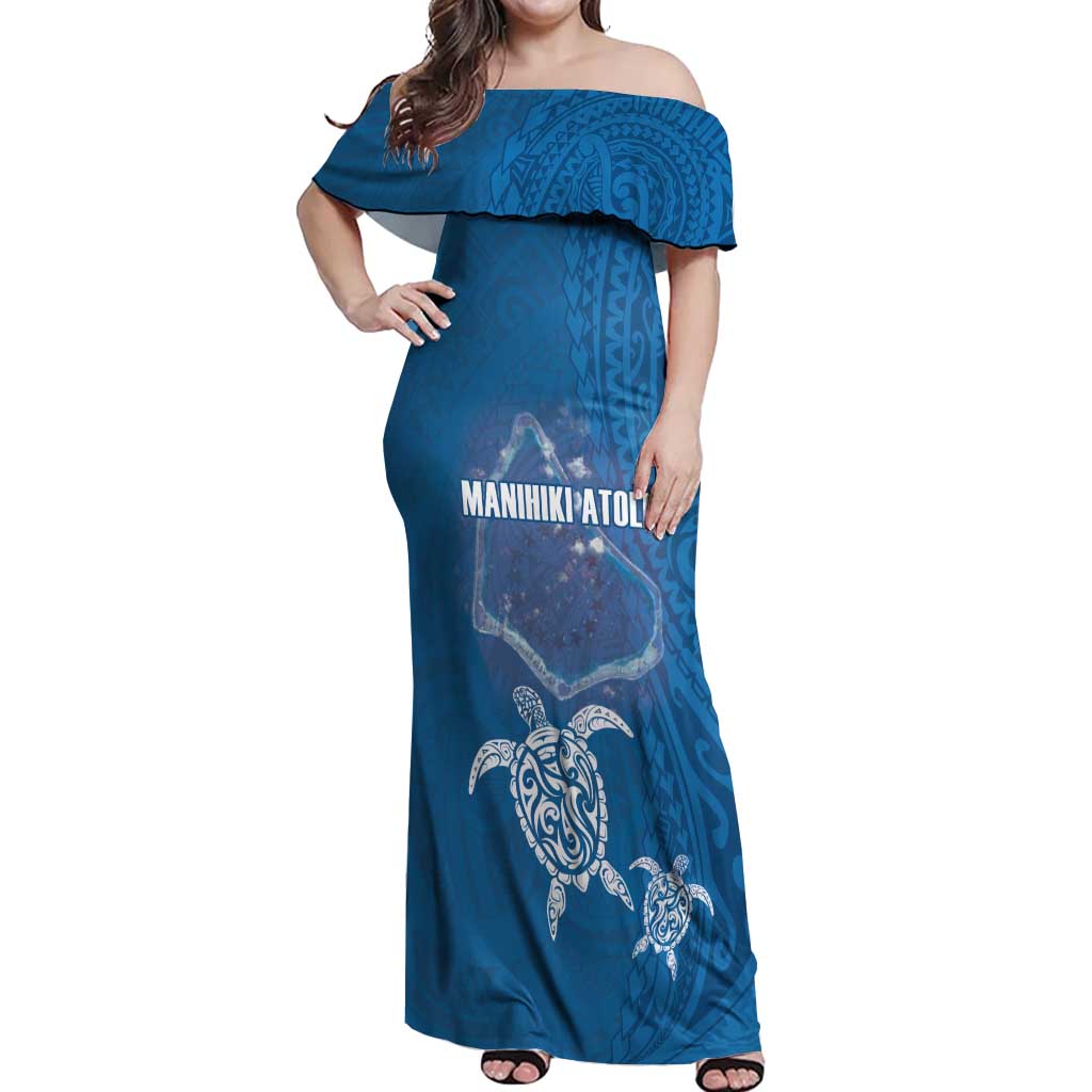 Cook Islands Manihiki Atoll Off Shoulder Maxi Dress Maori Turtle and Polynesian Pattern LT03 Women Blue - Polynesian Pride