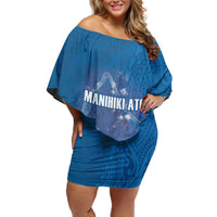 Cook Islands Manihiki Atoll Off Shoulder Short Dress Maori Turtle and Polynesian Pattern LT03 Women Blue - Polynesian Pride