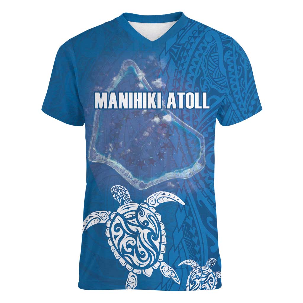 Cook Islands Manihiki Atoll Women V-Neck T-Shirt Maori Turtle and Polynesian Pattern LT03 Female Blue - Polynesian Pride