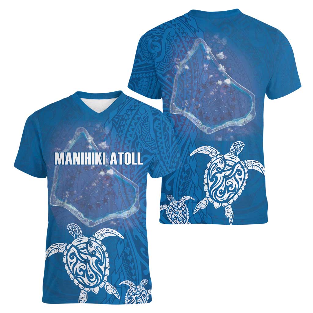 Cook Islands Manihiki Atoll Women V-Neck T-Shirt Maori Turtle and Polynesian Pattern LT03 - Polynesian Pride