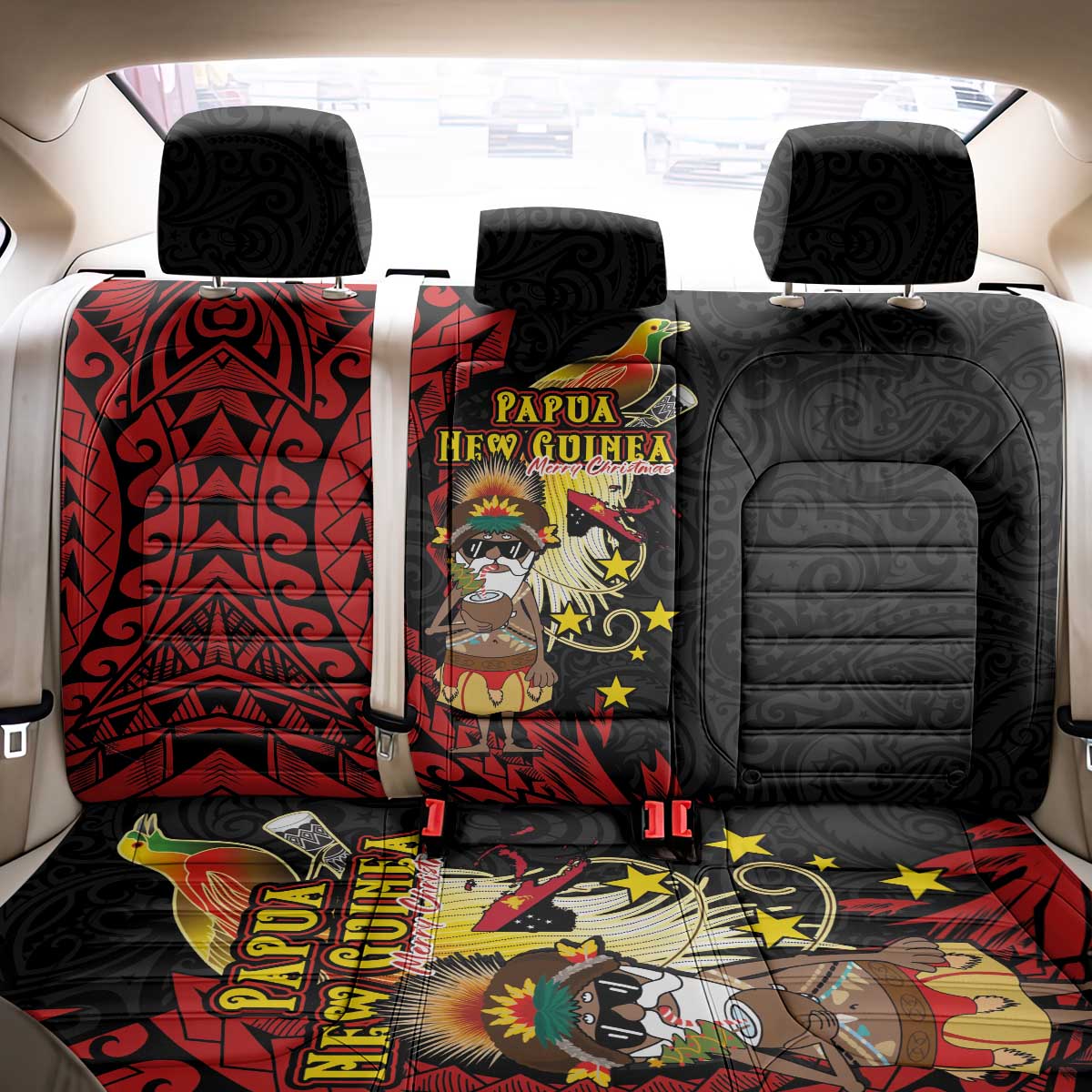 Papua New Guinea Christmas Back Car Seat Cover Funny Melanesian Santa with Bird-of-paradise Tribal Style - Polynesian Pride