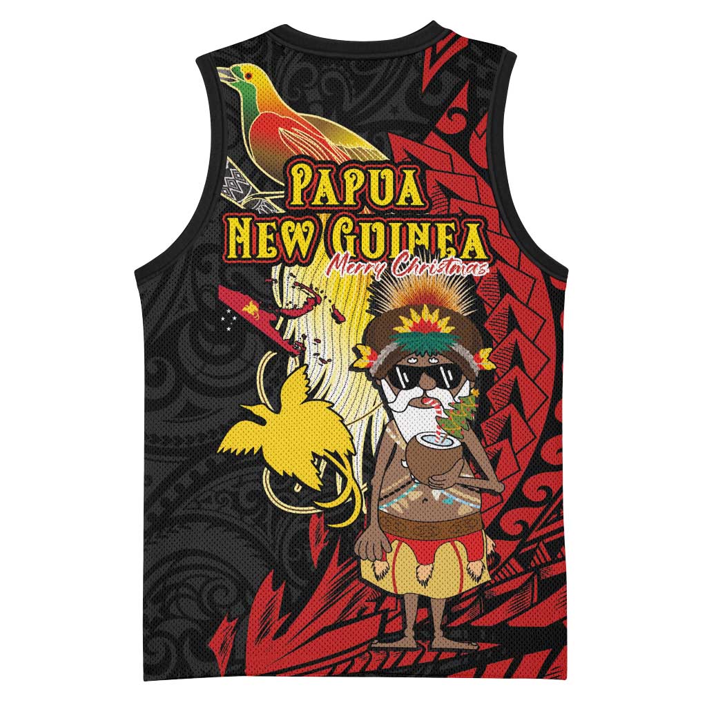 Papua New Guinea Christmas Basketball Jersey Funny Melanesian Santa with Bird-of-paradise Tribal Style - Polynesian Pride