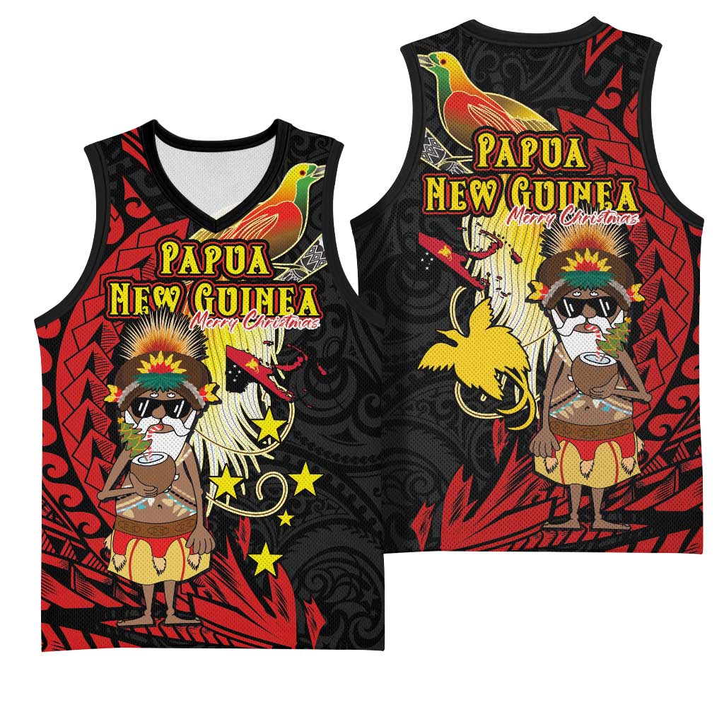 Papua New Guinea Christmas Basketball Jersey Funny Melanesian Santa with Bird-of-paradise Tribal Style - Polynesian Pride