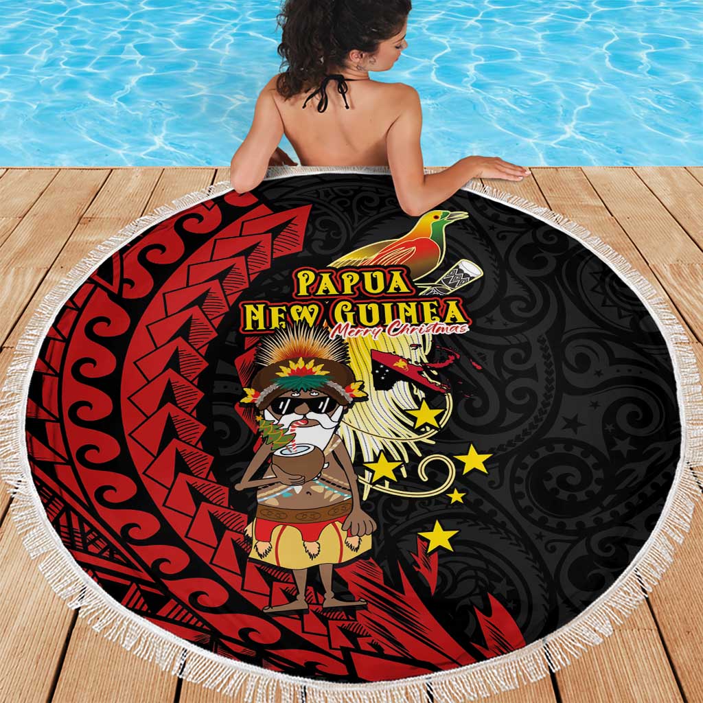 Papua New Guinea Christmas Beach Blanket Funny Melanesian Santa with Bird-of-paradise Tribal Style - Polynesian Pride