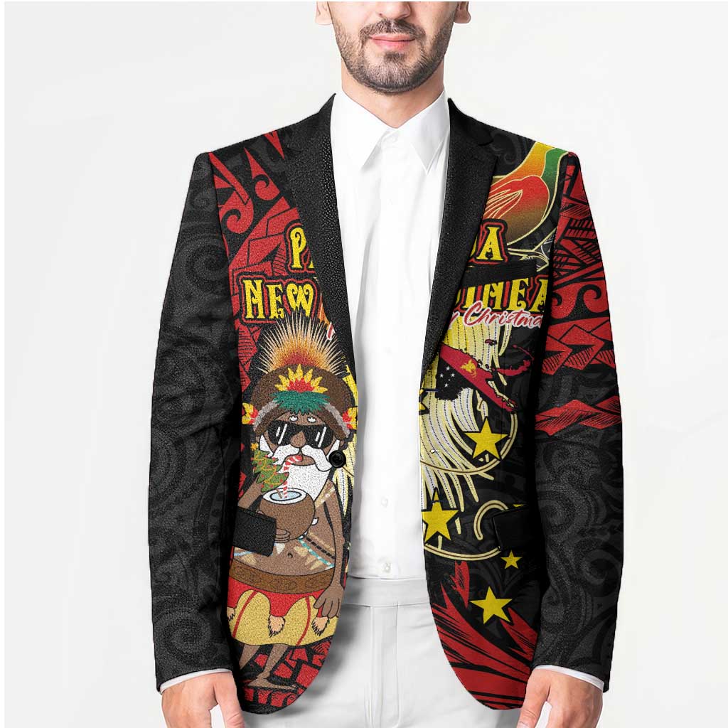 Papua New Guinea Christmas Blazer Funny Melanesian Santa with Bird-of-paradise Tribal Style - Polynesian Pride