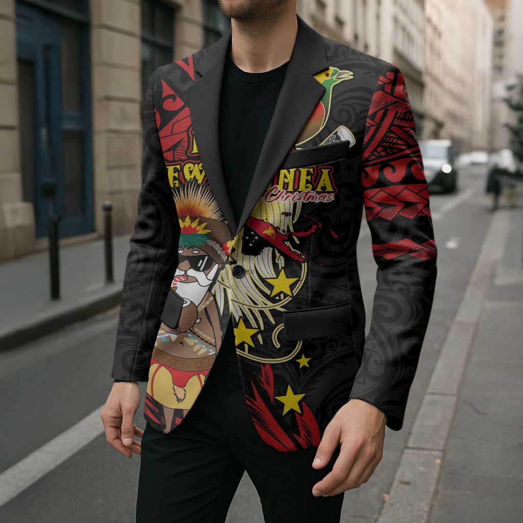 Papua New Guinea Christmas Blazer Funny Melanesian Santa with Bird-of-paradise Tribal Style - Polynesian Pride