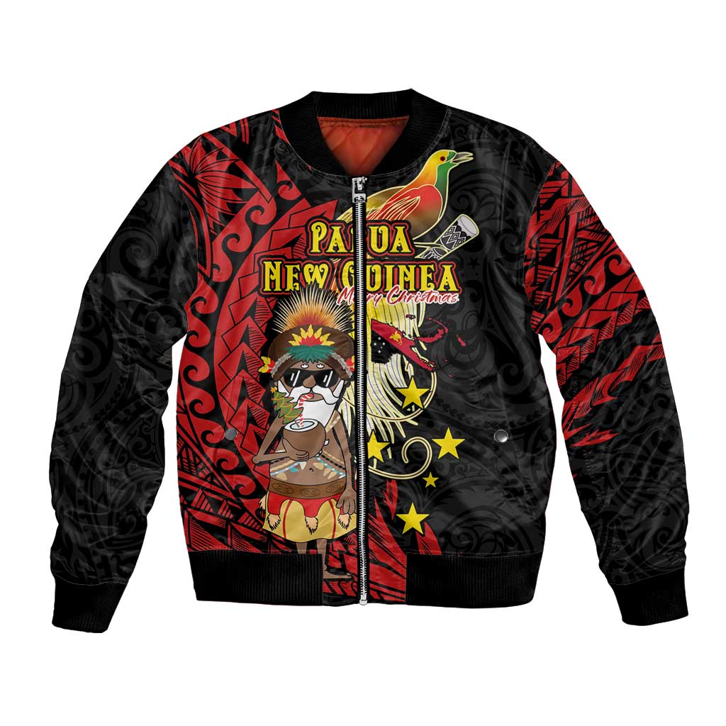 Papua New Guinea Christmas Bomber Jacket Funny Melanesian Santa with Bird-of-paradise Tribal Style - Polynesian Pride