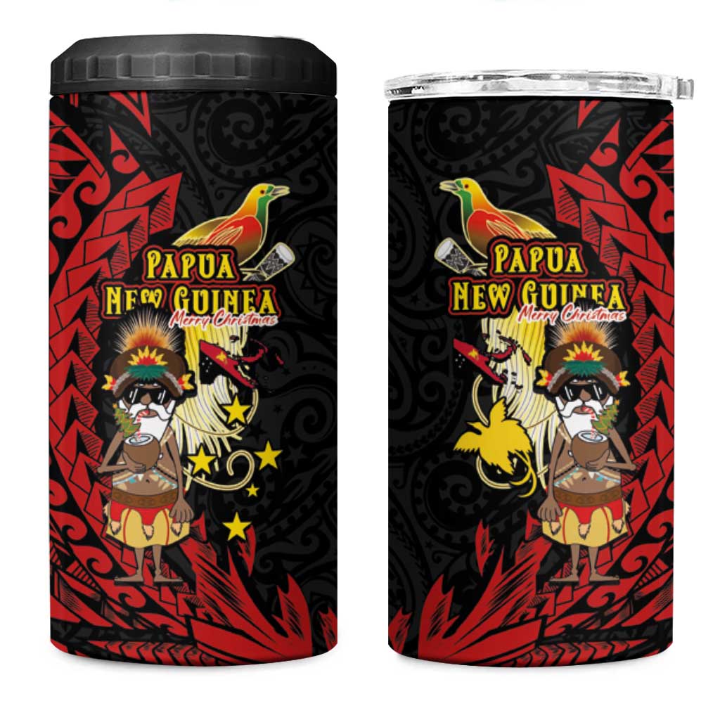 Papua New Guinea Christmas 4 in 1 Can Cooler Tumbler Funny Melanesian Santa with Bird-of-paradise Tribal Style - Polynesian Pride