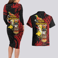 Papua New Guinea Christmas Couples Matching Long Sleeve Bodycon Dress and Hawaiian Shirt Funny Melanesian Santa with Bird-of-paradise Tribal Style - Polynesian Pride