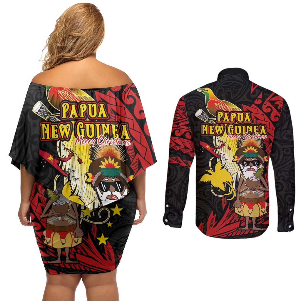 Papua New Guinea Christmas Couples Matching Off Shoulder Short Dress and Long Sleeve Button Shirt Funny Melanesian Santa with Bird-of-paradise Tribal Style - Polynesian Pride