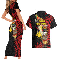 Papua New Guinea Christmas Couples Matching Short Sleeve Bodycon Dress and Hawaiian Shirt Funny Melanesian Santa with Bird-of-paradise Tribal Style - Polynesian Pride